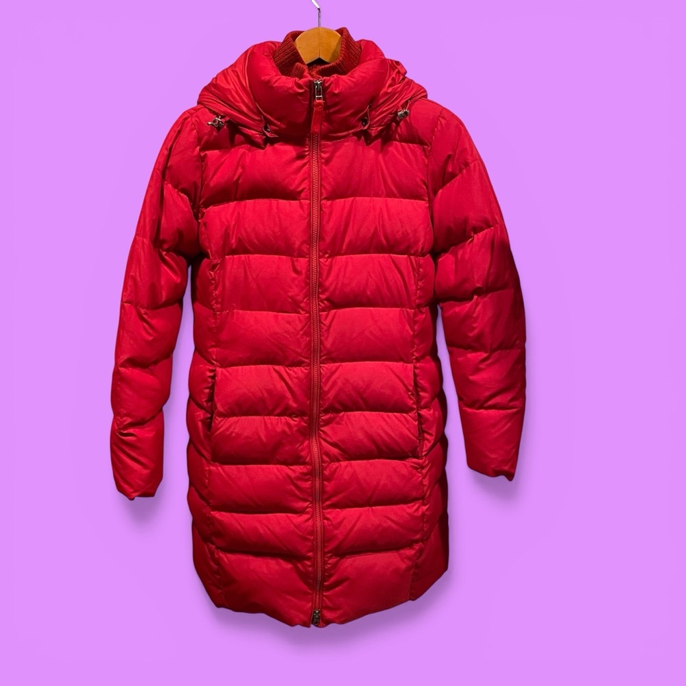 Cute Lands’ End red mid length red puffer down fill detachable hood pockets